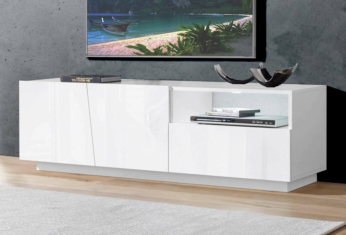 Dmora Wohnzimmer TV-Ständer, Made in Italy, TV-Ständer mit 2 Türen und 1 Schublade, cm 150x43h46, glänzend weiße Farbe Bild 1