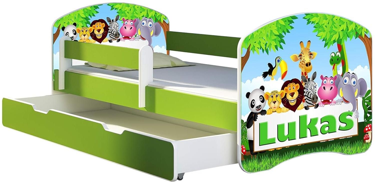 ACMA Kinderbett Jugendbett mit Einer Schublade und Matratze Grün mit Rausfallschutz Lattenrost II 140x70 160x80 180x80 (01 Zoo name, 140x70 + Bettkasten) Bild 1