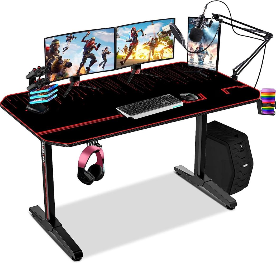 140CM Gaming Schreibtisch, T-förmig PC Gamer Schreibtisch, Arbeitsplatz Gamer Schreibtisch, professioneller Gaming Tisch mit vollem Schreibtisch-Mauspad, Becherhalter und Kopfhörer-Haken Bild 1