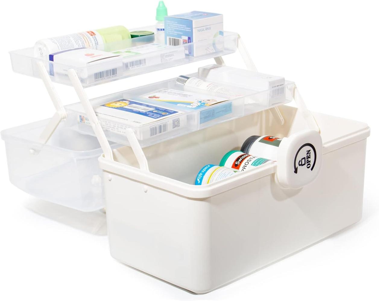 Zedelmaier Aufbewahrungsbox Medikamenten Aufbewahrung Medizinbox Apothekenbox HausapothekeBox Groß (STB106), Tragbar, Kindersicherung, 3 Treppenabteile Bild 1