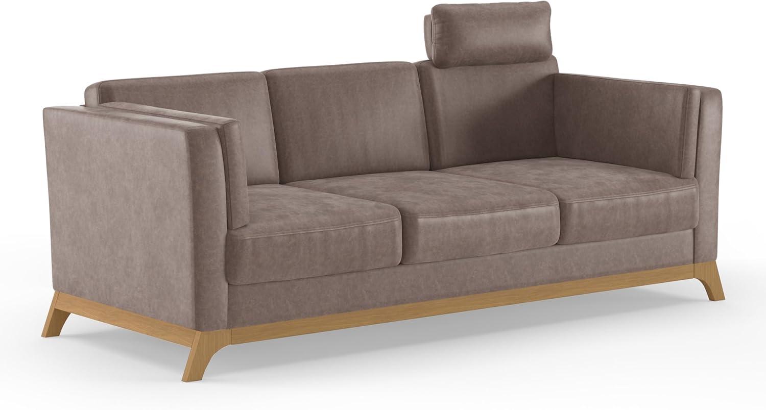 Cavadore 3er-Sofa Vida / 3-Sitzer Couch im trendigen Design mit massivem Holzrahmen in Eiche, Kopfstütze mit Kuschelkissen / 213 x 84 x 93 / Mikrofaser, Hellbraun Bild 1