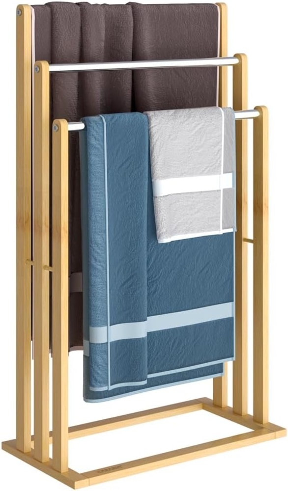 Casaria Handtuchständer, Freistehend Bambus Holz Handtuchhalter Ohne Bohren 3 Stangen Edelstahl Bild 1