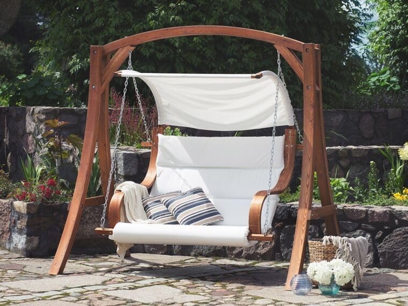 PureHaven Hollywoodschaukel für 3 Personen 195 x 105 x 192 cm aus Lärchenholz inkl. Sitzauflage & Beschattung standsicher und strapazierfähig Cremefarben Bild 1