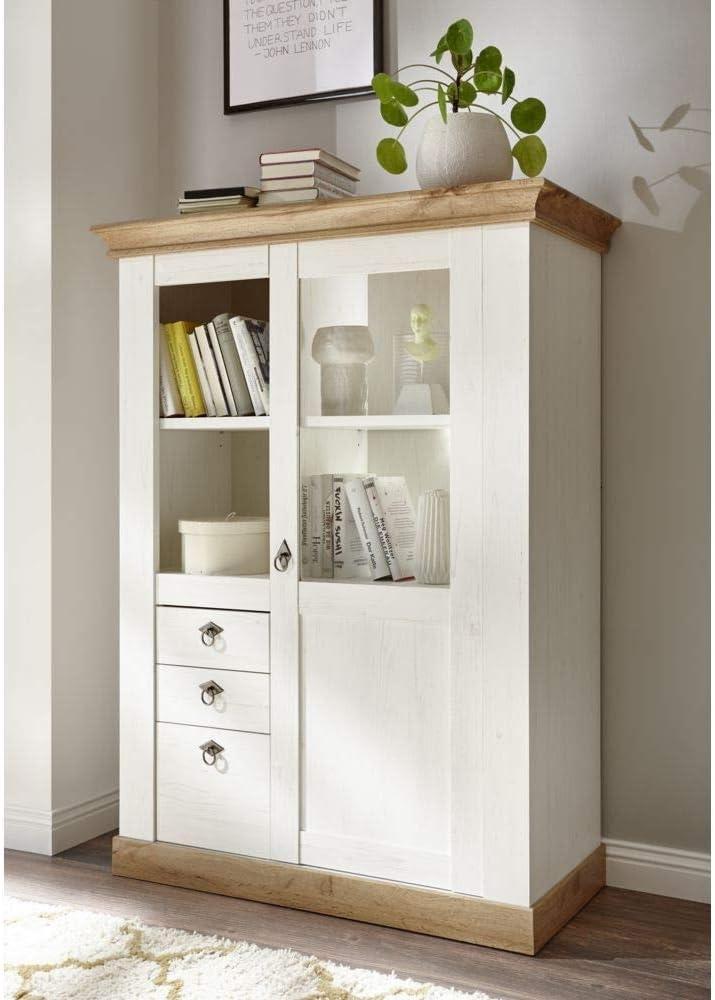 Landhaus Highboard Vitrine LINARES-61 in Pinie weiß / Wotan Eiche Nb. inkl. LED - B/H/T ca. : 102/139/44 cm Bild 1