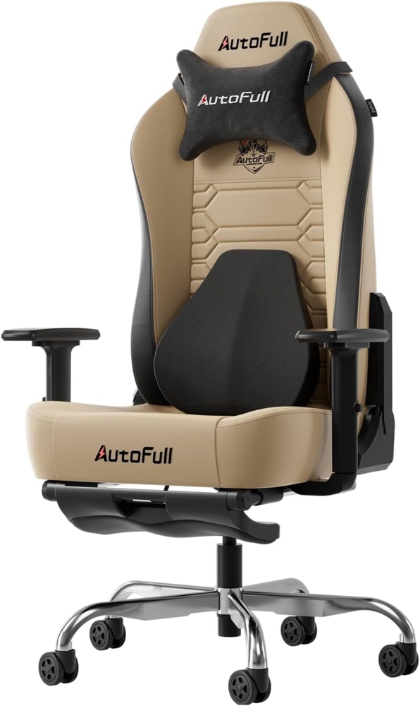 AutoFull Gaming Stuhl Bürostuhl Gamer Ergonomischer Schreibtischstuhl PC-Stuhl mit hoher Rückenlehne und Lendenwirbelstütze,Einstellbare Sitzhöhe und Rückenlehnenneigung, Fußstütze,Braun Bild 1