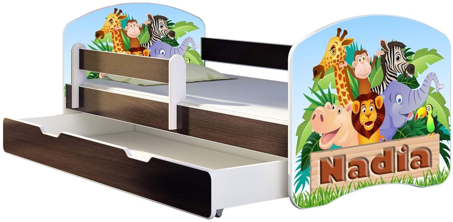 ACMA Kinderbett Jugendbett mit Einer Schublade und Matratze Wenge mit Rausfallschutz Lattenrost II 140x70 160x80 180x80 (02 Animals name, 160x80 + Bettkasten) Bild 1