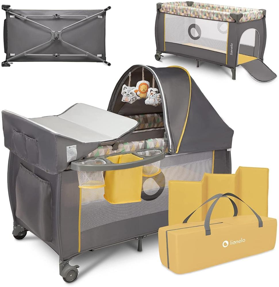 Lionelo Sven Plus 2 in 1 Baby Bett Laufstall Baby ab Geburt bis 15 kg Wickelauflage Moskitonetz luftige Seitenwände mit Seiteneingang Tragetasche zusammenklappbar (Yellow Scandi) Bild 1