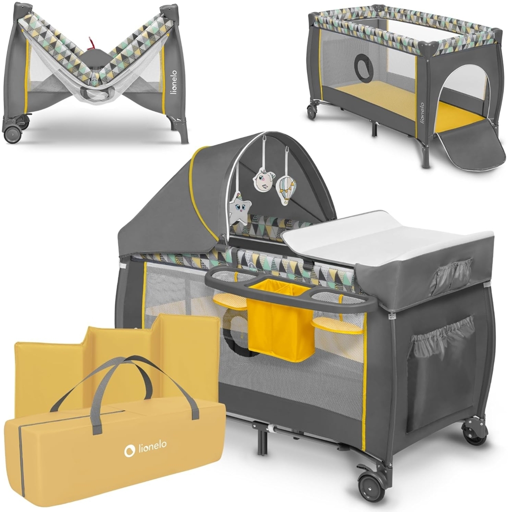 Lionelo Sven Plus 2 in 1 Baby Bett Laufstall Baby ab Geburt bis 15 kg Wickelauflage Moskitonetz luftige Seitenwände mit Seiteneingang Tragetasche zusammenklappbar (Yellow Scandi) Bild 1