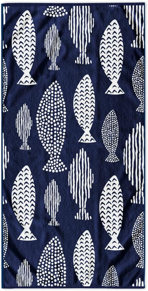 DecoKing Strandtuch groß 90x180 cm Baumwolle Frottee Velours Badetuch blau weiß Fish Bild 1