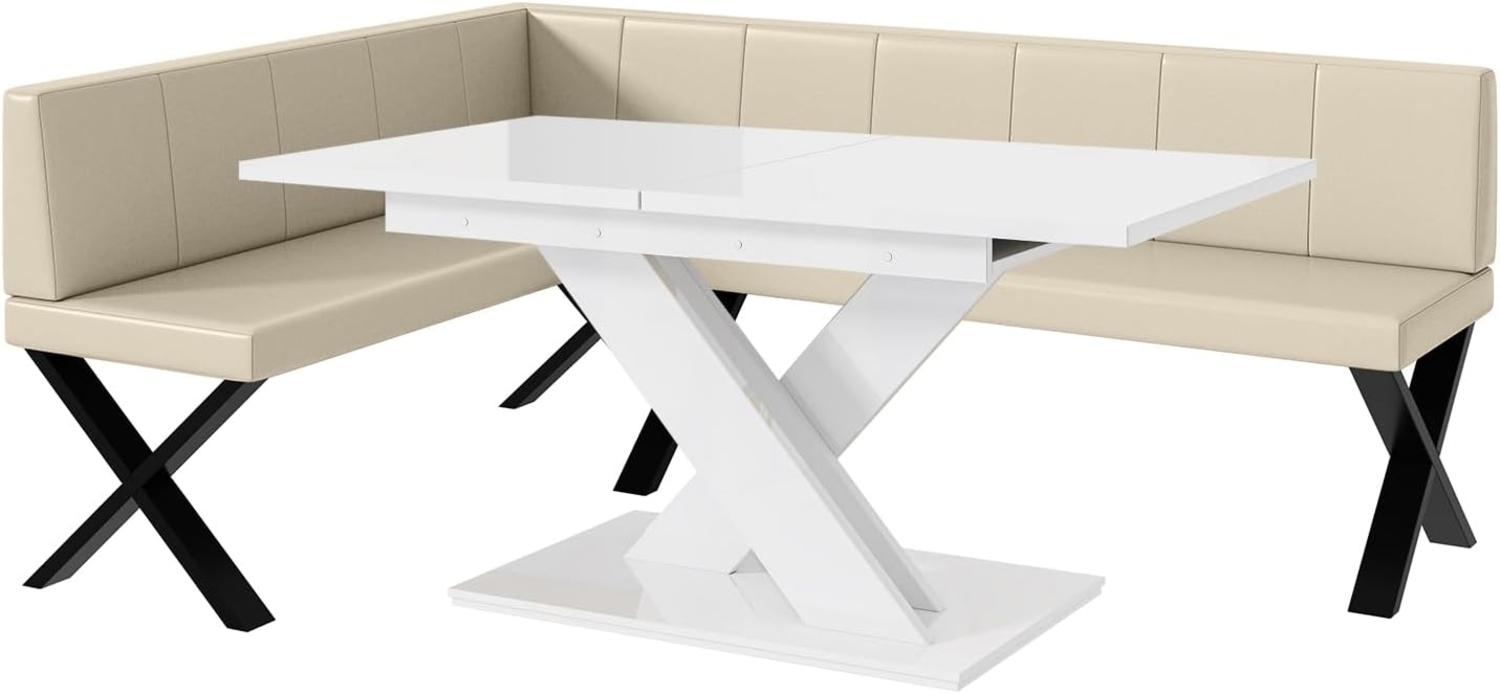 MEBLINI Eckbank für Esszimmer mit ausziehbarem Tisch - Küchenbank - Essecke - Sitzecke Küche - PETER - X-Beine 142x196x87cm Links - Creme Kunstleder/B Weiß Hochgl. Bild 1