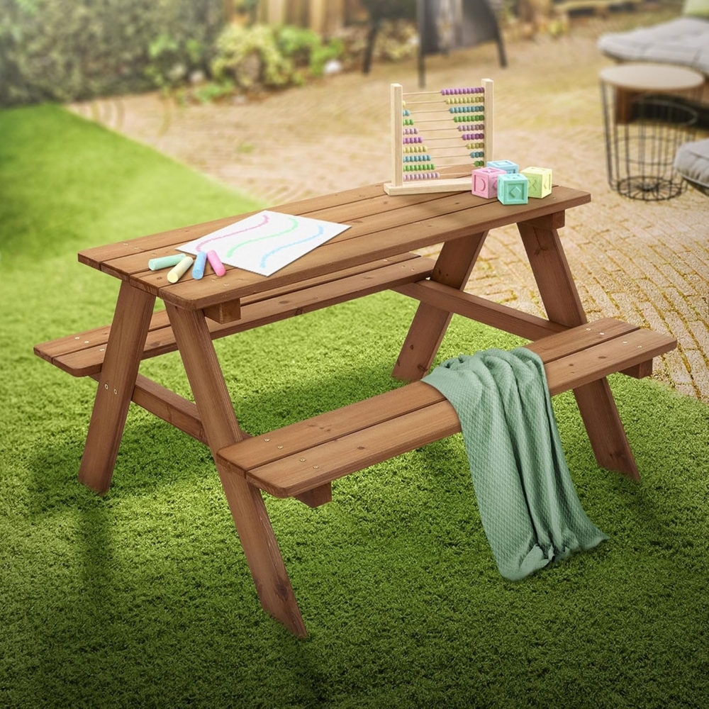 ML-DESIGN Garten-Kindersitzgruppe Kindersitzgarnitur für Draußen, Spielsitzgruppe mit 4 Plätzen, Braun Picknicktisch Sitzgarnitur 2 Bänke mit Tisch Massivholz Outdoor Bild 1