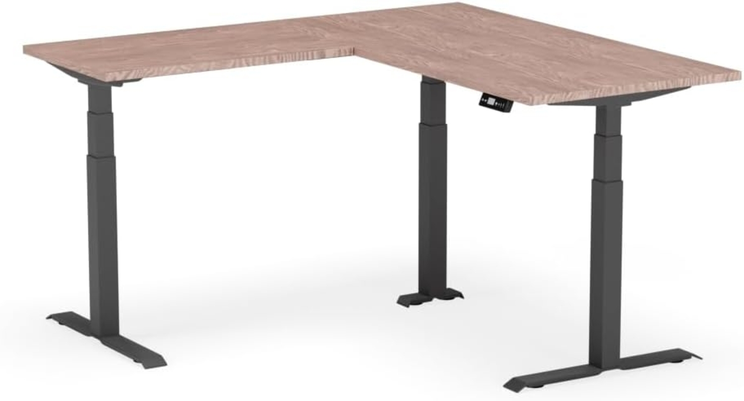 elektrisch höhenverstellbarer Schreibtisch L-SHAPE 160 x 160 x 60 - 80 cm - Gestell Schwarz, Platte Walnuss Bild 1