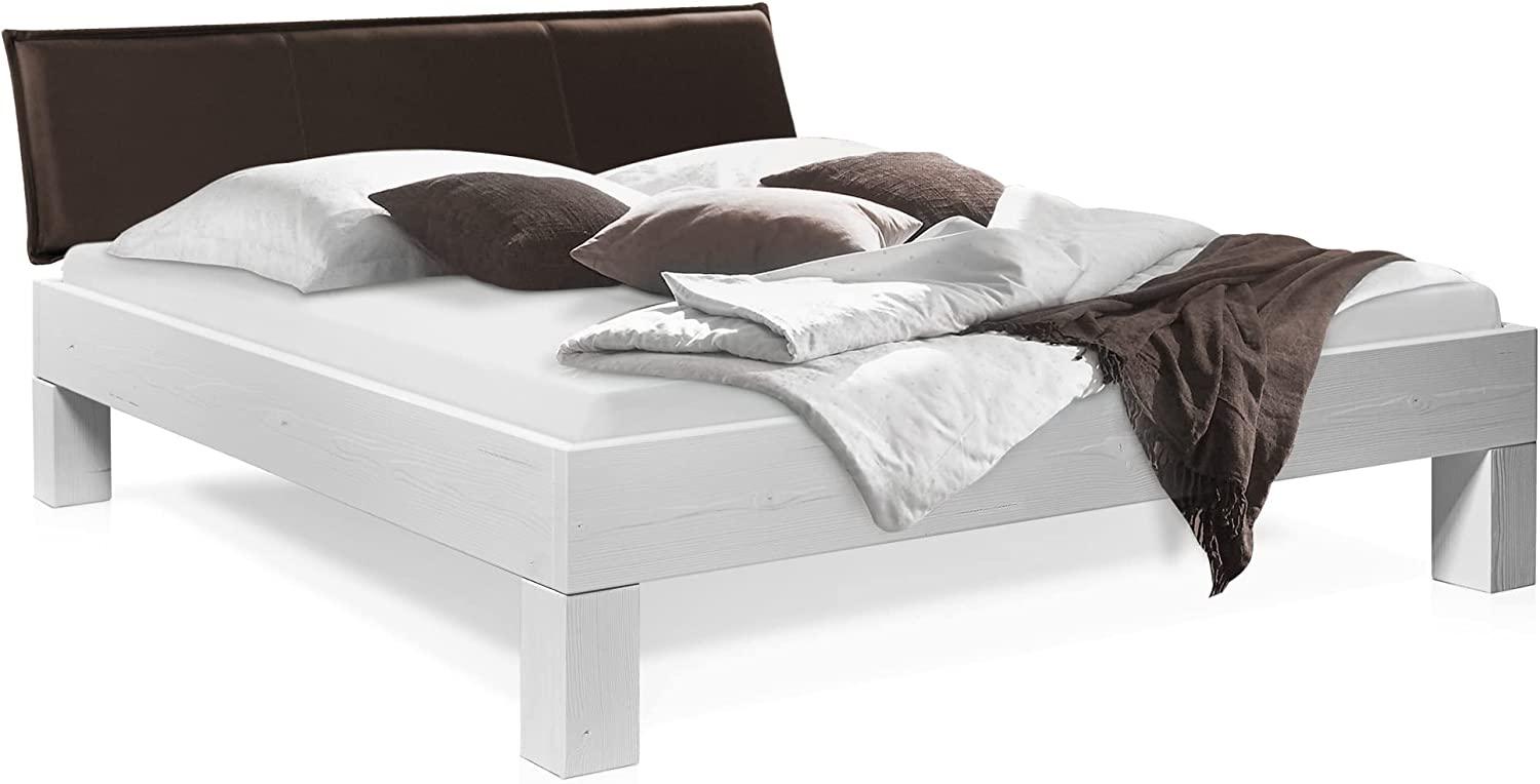 Möbel-Eins LUKY 4-Fuß-Bett mit Polster-Kopfteil, Material Massivholz, Fichte massiv weiss 90 x 200 cm Kunstleder Braun Bild 1