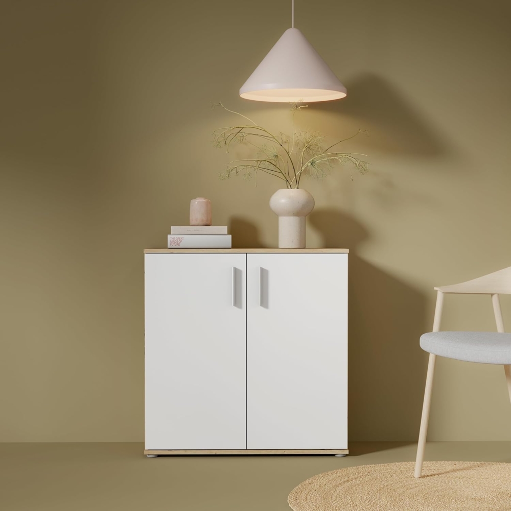 Forte IKOLI Kommode 80, Moderne Kommode, 2-türig, Wohn-/Schlafzimmer, Flur, Holzwerkstoff, Weiß, 79,9 cm breit x 81,7 cm hoch x 31,4 cm tief Bild 1