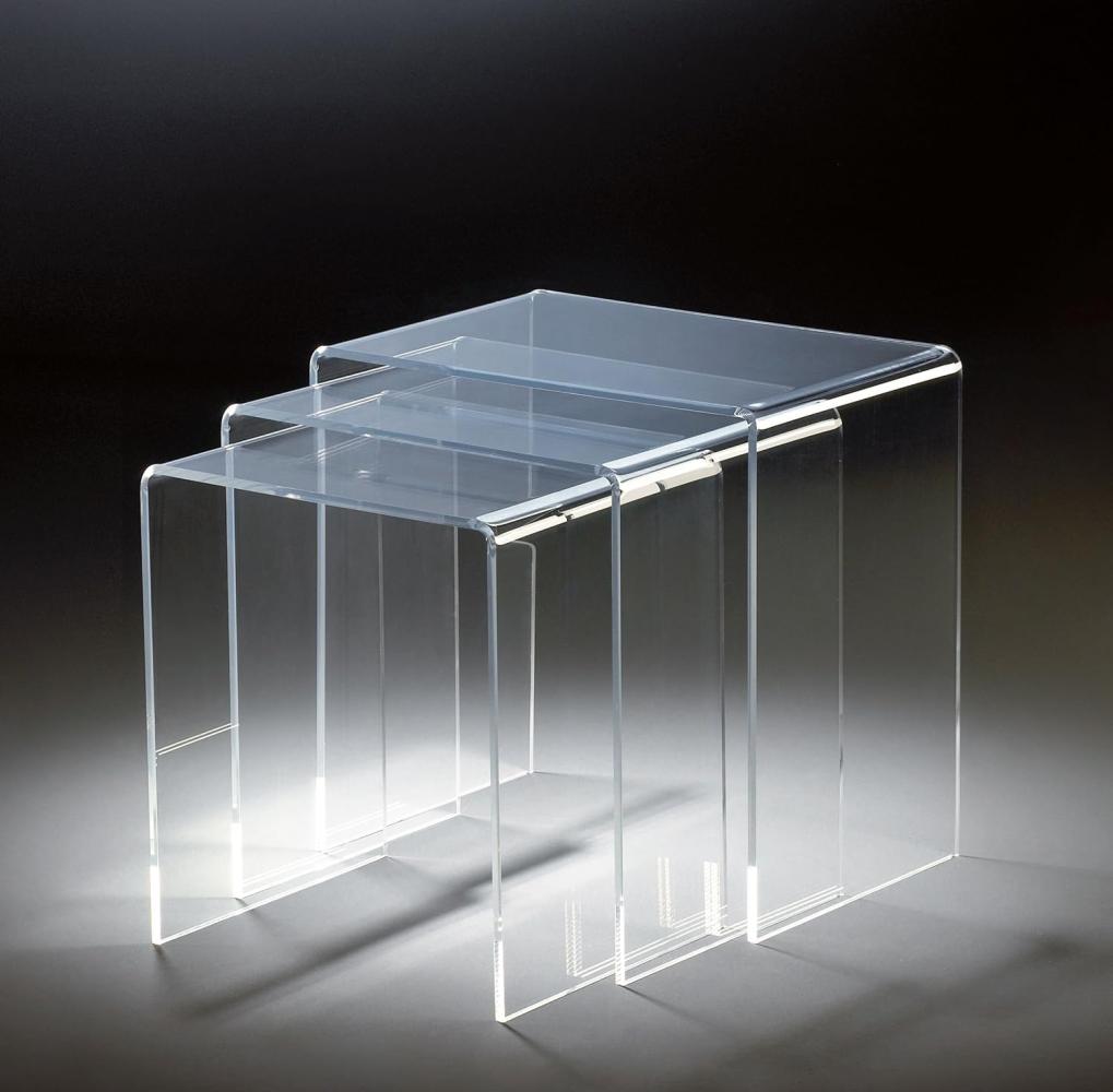 Hochwertiger Acryl-Glas Dreisatztisch, klar, 44x29,5 cm, H 42,5 cm und 39x29,5 cm, H 40,5 cm und 34x29,5 cm, H 38,5 cm, Acryl-Glas-Stärke 8 mm, 44x29,5 cm, H 42,5 cm und 39x29,5 cm, H 40,5 cm und 34x29,5 cm, H 38,5 cm Bild 1