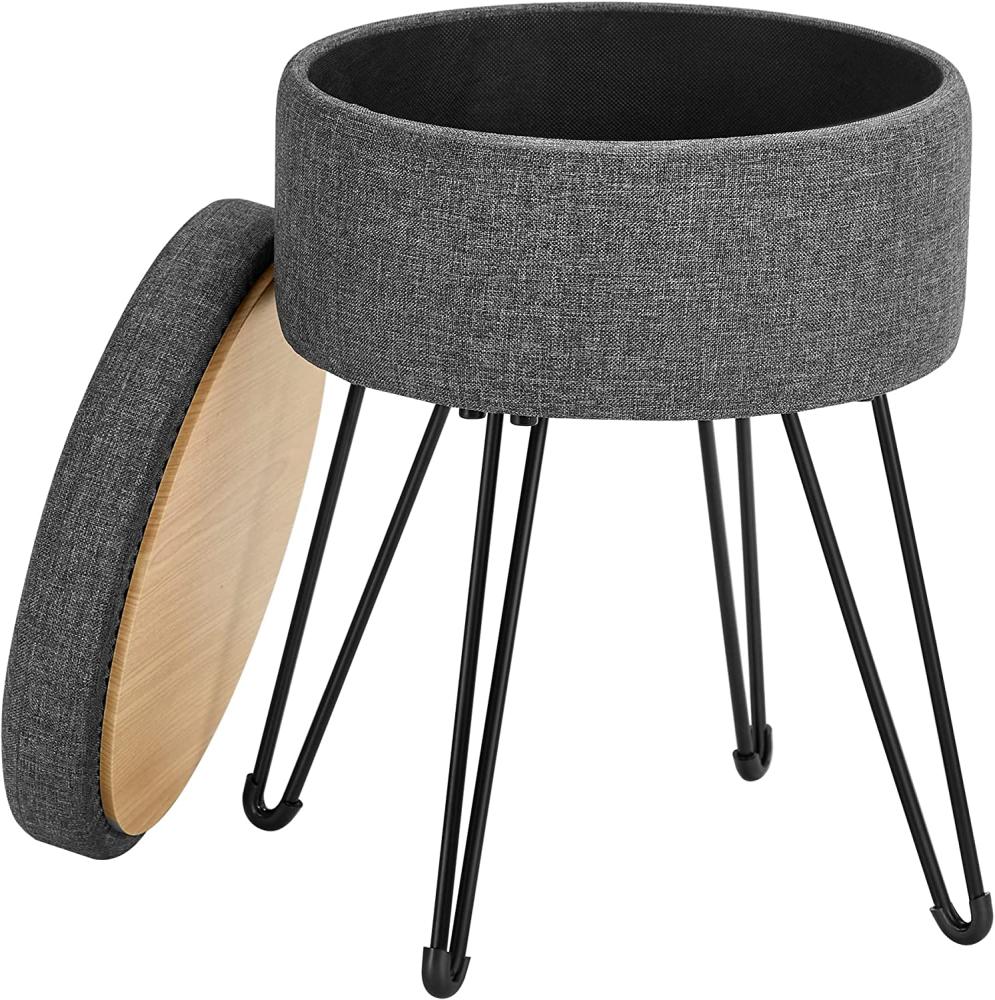 Songmics Sitzhocker, runder Hocker mit Stauraum, Aufbewahrungsbox mit Deckel, 9,4L, Fußablage, Metallbeine, gepolsterter Sitz, für Wohnzimmer, Schlafzimmer, dunkelgrau LOM002G01 Bild 1