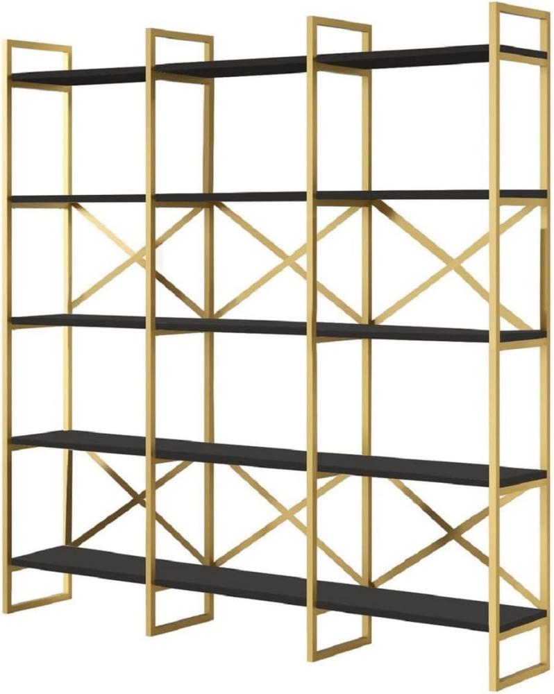 Casa Padrino Luxus Regalschrank mit Massivholz Regalen Gold / Schwarz 170 x 30 x H. 175 cm - Bücherschrank - Wohnzimmer Schrank - Büro Schrank - Wohnzimmer Möbel - Büro Möbel - Luxus Möbel Bild 1