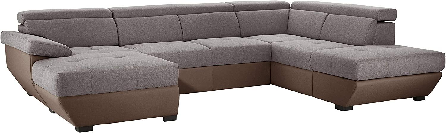 Mivano U-Form-Schlafsofa Speedway, Moderne Wohnlandschaft mit Bett, Stauraum und verstellbaren Kopfteilen, 332 x 79 x 222, Zweifarbiger Bezug, Grau/Braun Bild 1