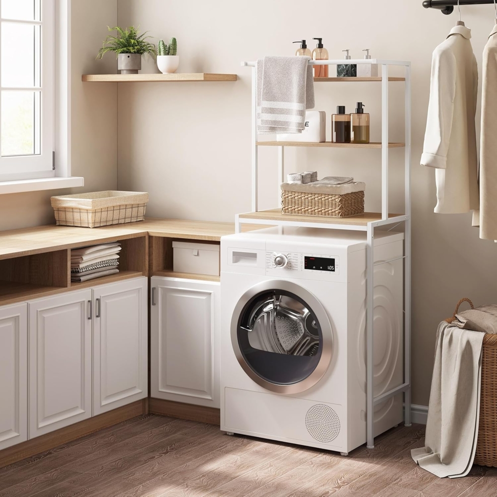 EUGAD Waschmaschinenregal, WC Regal über Waschmaschine Toilette, Waschmaschinenschrank Überbauschrank, Toilettenschrank, 3 Ablagen, Handtuchhalter, Metall Holzwerkstoff, 67 x 162 x 40 cm, Weiß Bild 1