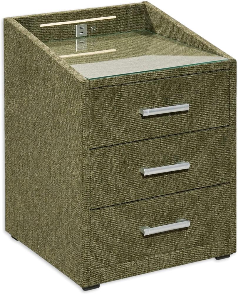 Stella Trading MOON Nachttisch Boxspringbett, Brego Olive - Funktionaler Nachtschrank mit USB-Anschluss und LED-Beleuchtung - 47 x 61 x 46 cm (B/H/T) Bild 1