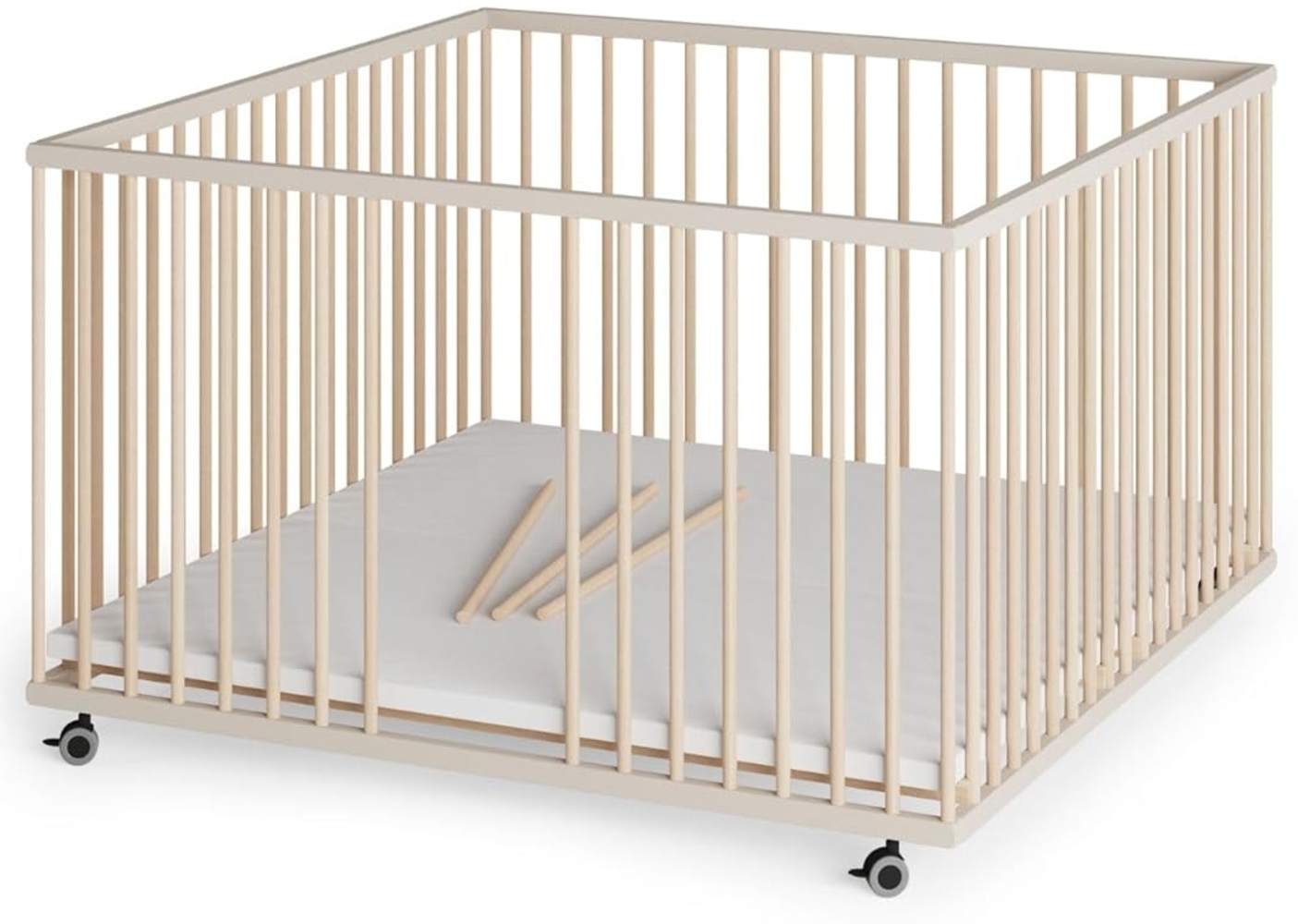 Sämann Laufstall Baby mit 3 Schlupfsprossen | TÜV geprüft | stufenlos höhenverstellbar | Laufgitter Premium | Babybett aus Holz | Krabbelgitter (sahara dust/natur, 120x120 cm) Bild 1