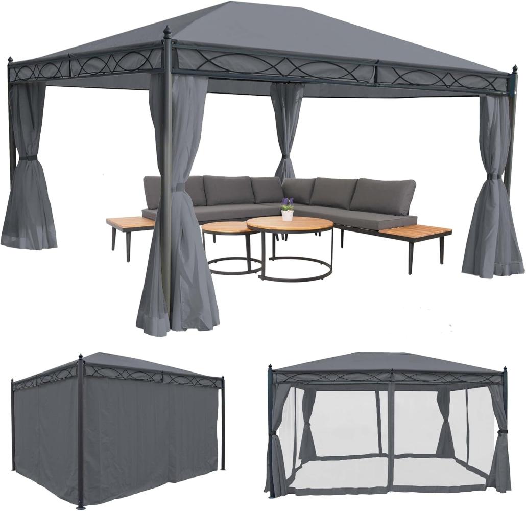 Pergola Cadiz, Garten Pavillon, stabiles 7cm-Gestell mit Seitenwand + Moskitonetz ~ grau 4x3m Bild 1