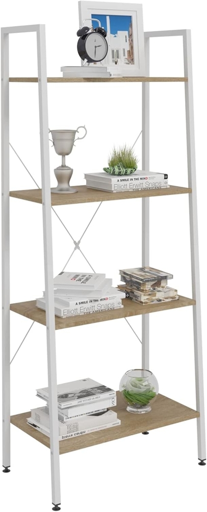 WOLTU Standregal Leiterregal Bücherregal mit 4 Ablagen, für Wohnzimmer, Schlafzimmer Hochregal Weiß + Hell Eiche 60 x 35 x 148 cm RGB9283whe Bild 1
