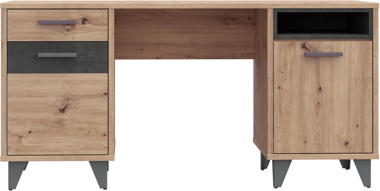 FORTE Raven Schreibtisch mit 1 Schublade und 2 Türen, Holzwerkstoff, Betonoptik Dunkelgrau/Artisan Eiche, B x H x T: 150 x 74 x 60 cm Bild 1