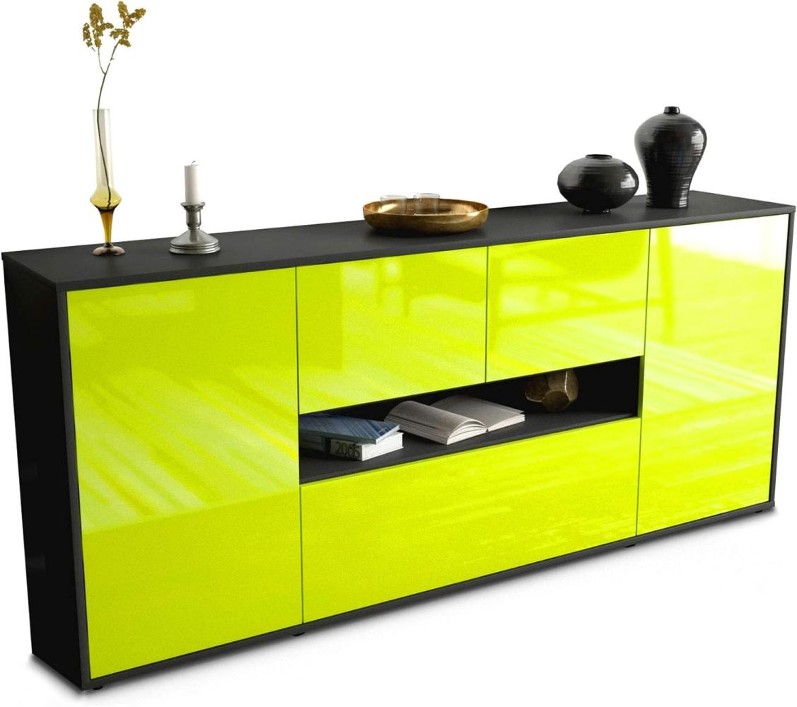 Stil. Zeit Sideboard Olaf - Korpus anthrazit matt - Front Hochglanz Limettengrün (180x79x35cm) Push-to-Open Technik & Leichtlaufschienen Bild 1