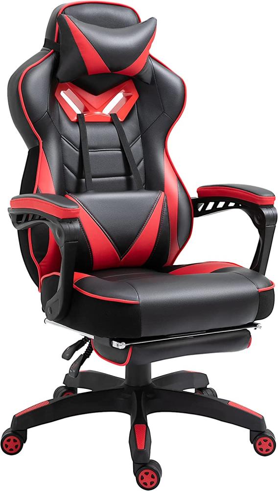 Vinsetto Ergonomischer Bürostuhl, Gaming Stuhl, Drehstuhl mit einziehbare Fußstütze und Verstellbarer Rücken Schaumstoff+PU-Leder+Metall, Schwarz+Rot, 65 x 70 x 118,5-128,5 cm Bild 1