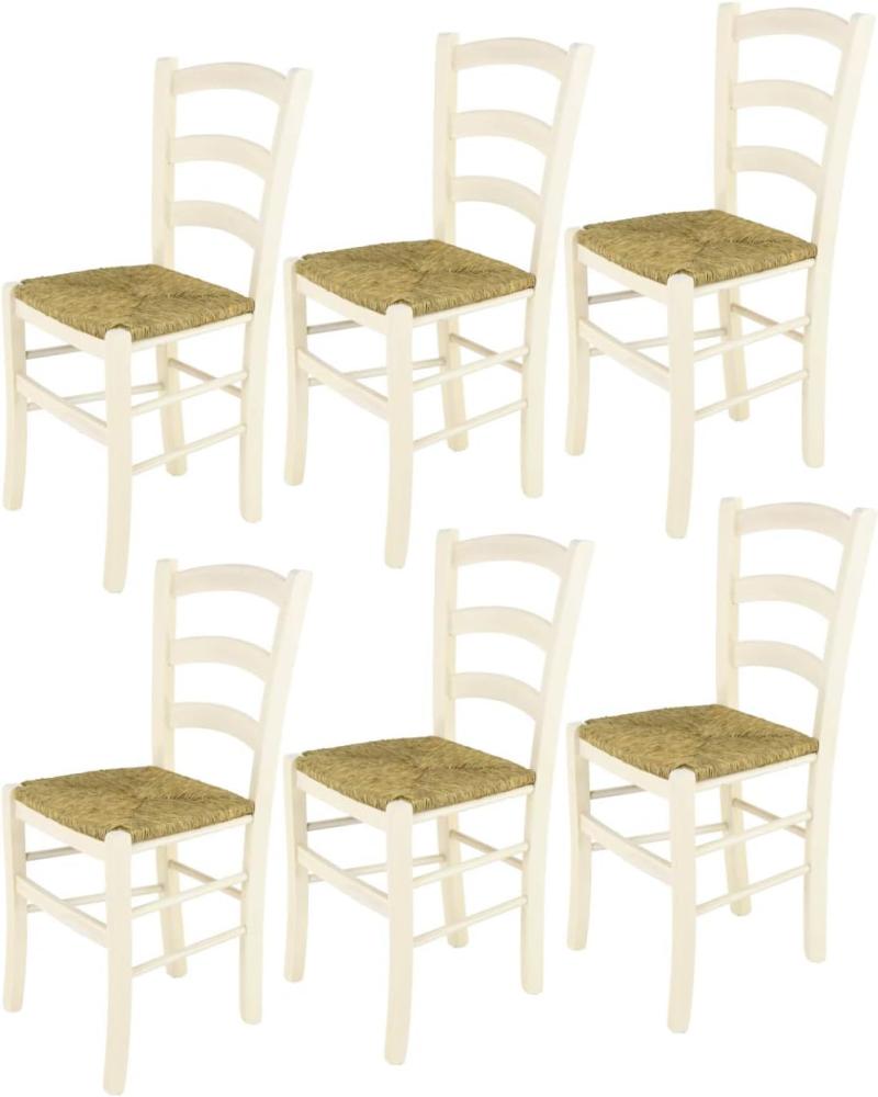 t m c s Tommychairs - 6er Set Stühle Venice für Küche und Esszimmer, robuste Struktur aus lackiertem Buchenholz in Anilinfarbe Weiss und Sitzfläche aus Stroh Bild 1