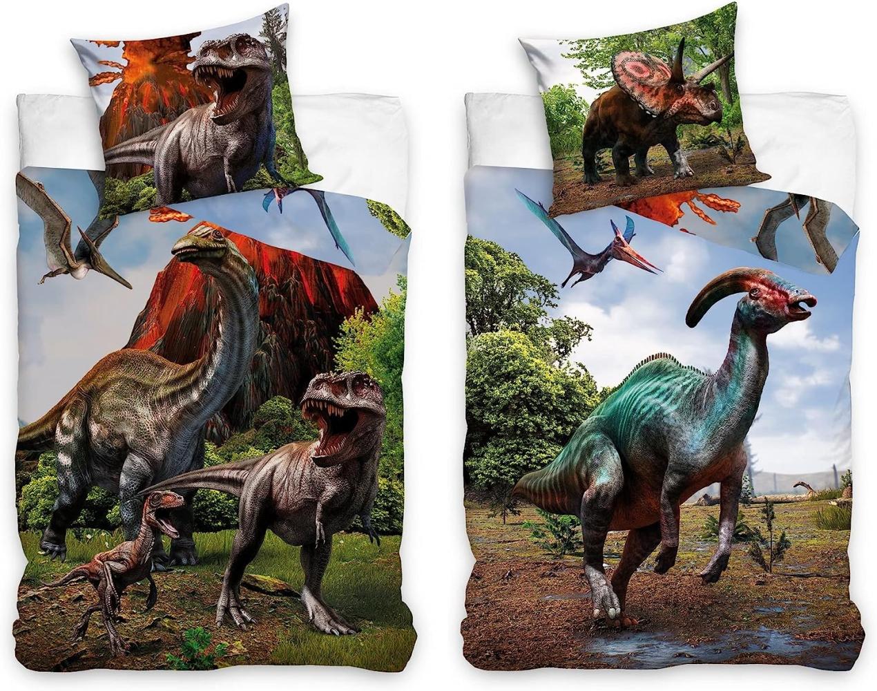 Dinosaurier Kinderbettwäsche Set für Jungen 135x200 80x80 cm mit Dinos T-Rex, Triceratops u. a. aus 100% Baumwolle Bild 1