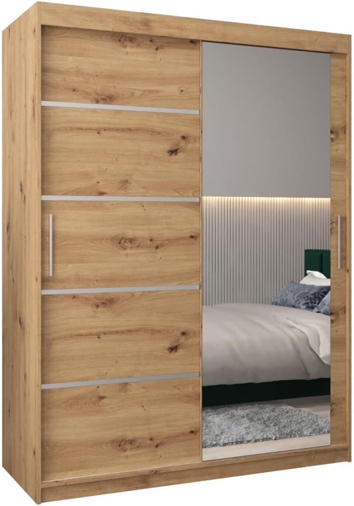 Schwebetürenschrank Verona 2-150 cm mit Spiegel Kleiderschrank mit Kleiderstange und Einlegeboden Schlafzimmer- Wohnzimmerschrank Schiebetüren Modern Design (Artisan Eiche) Bild 1