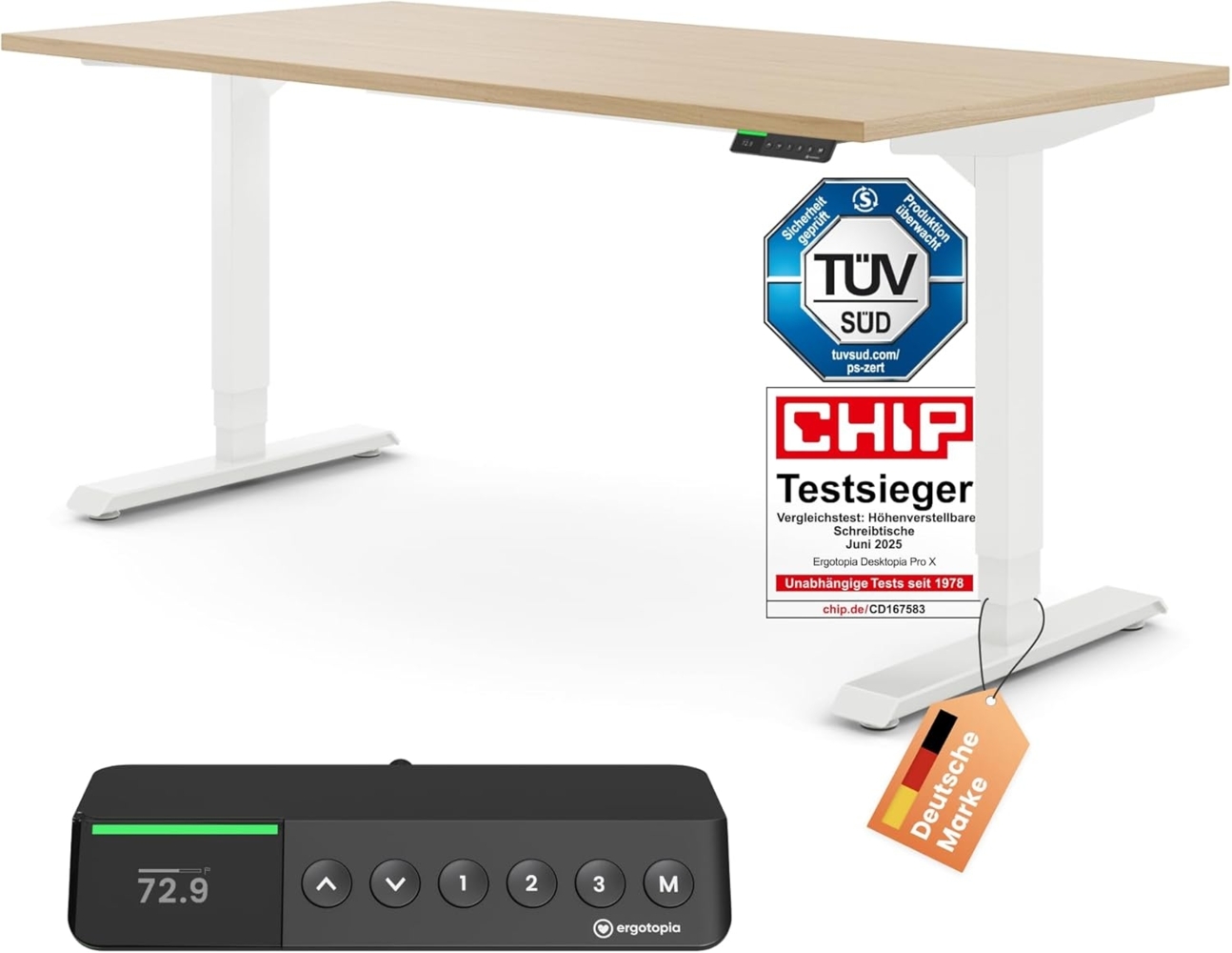 Desktopia Pro X - Elektrisch höhenverstellbarer Schreibtisch / Ergonomischer Tisch mit Memory-Funktion, Ahorn, Gestell Weiß, 120x80 cm Bild 1