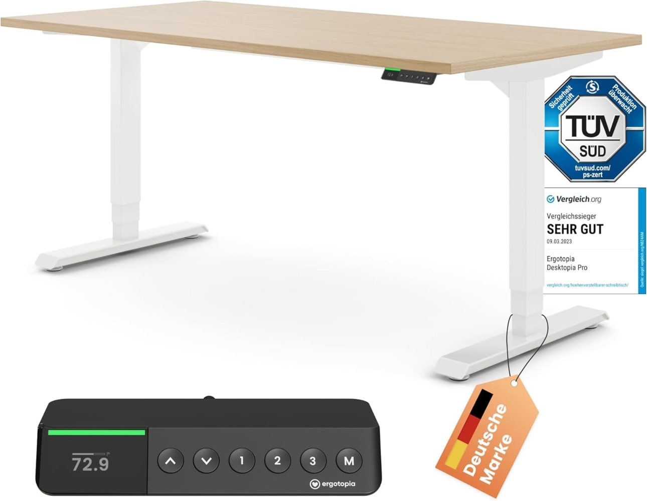 Desktopia Pro X - Elektrisch höhenverstellbarer Schreibtisch / Ergonomischer Tisch mit Memory-Funktion, Ahorn, Gestell Weiß, 120x80 cm Bild 1