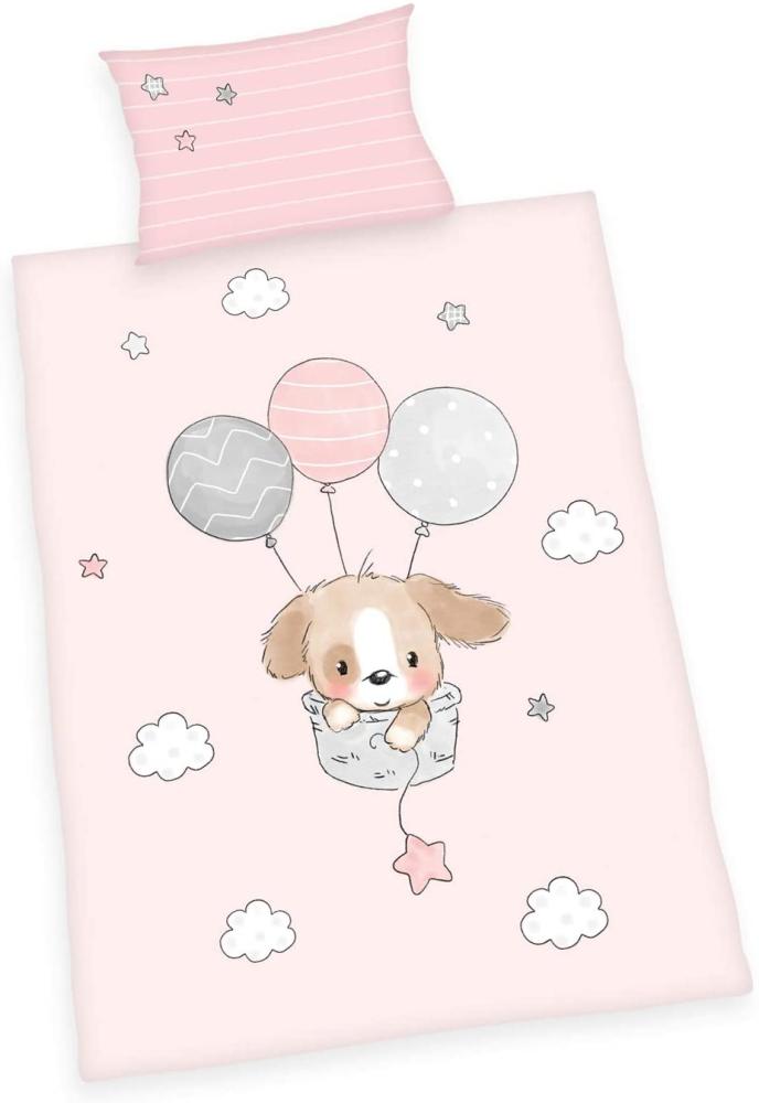 Herding Sweet puppy Bio Bettwäsche Set, GOTS zertifiziert, Wendemotiv, Kopfkissenbezug 40 x 60cm, Bettbezug 100 x 135cm, Baumwolle/Renforcé, Rosa/Mehrfarbig, 100x135 Bild 1