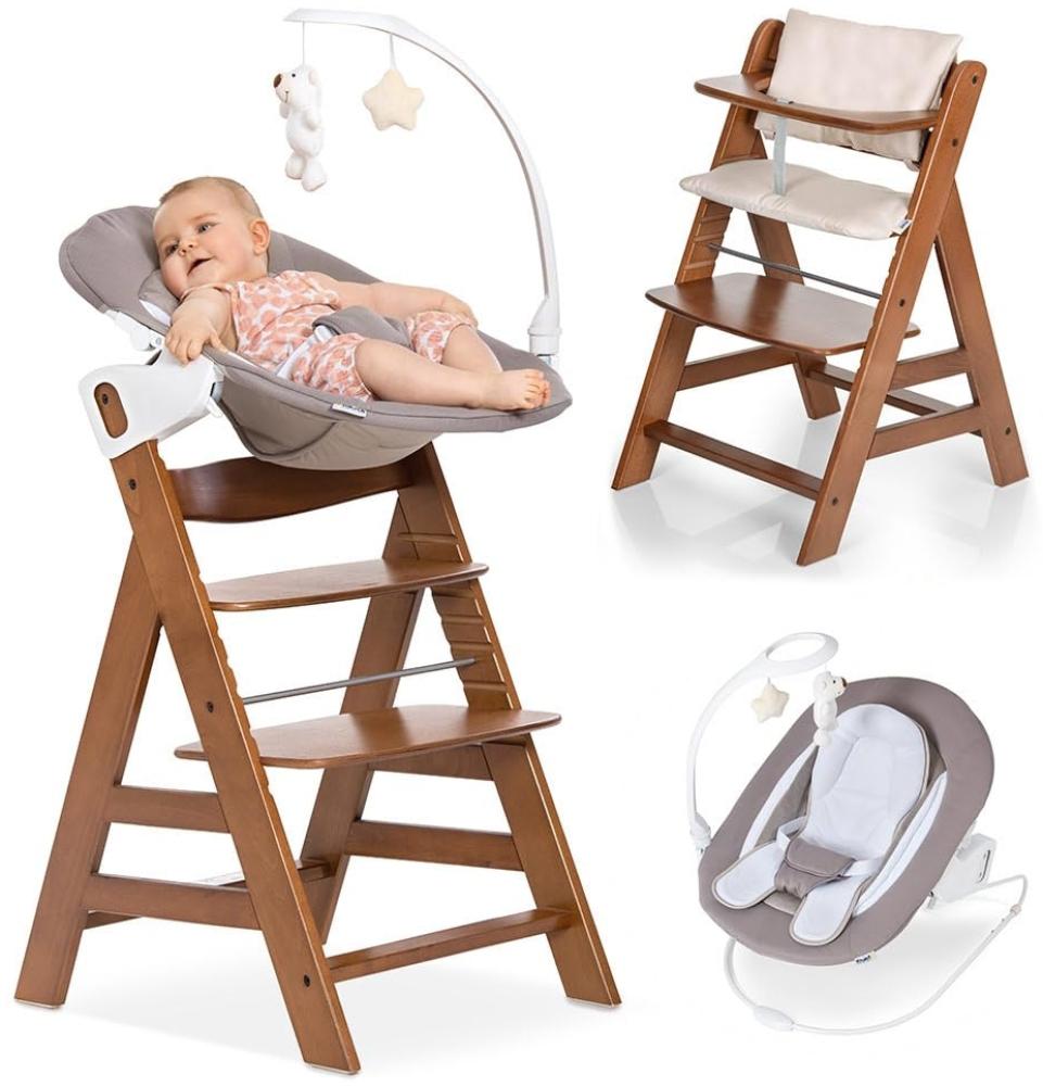 Hauck Alpha Plus Walnut Newborn Set Deluxe - Baby Holz Hochstuhl ab Geburt mit Liegefunktion - inkl. Aufsatz für Neugeborene & Sitzpolster - mitwachsend, verstellbar Bild 1