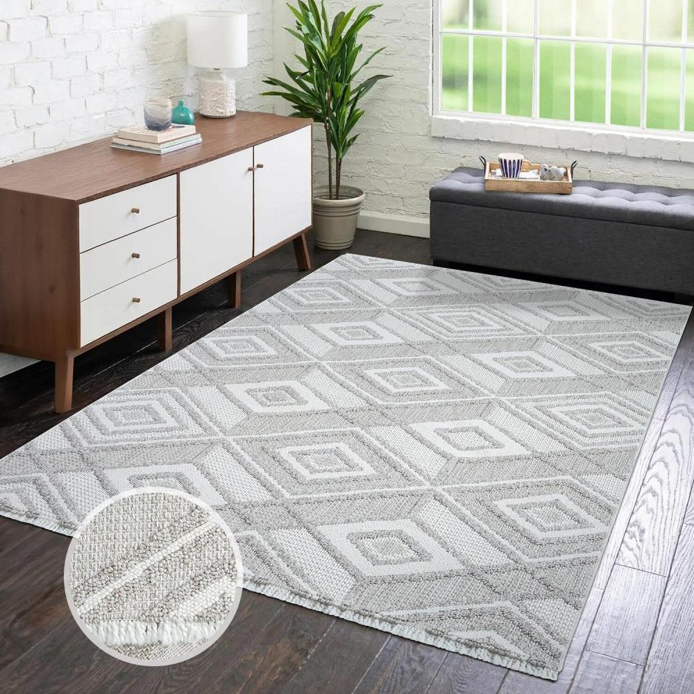 carpet city Teppich Kurzflor Wohnzimmer - Grau, Beige - 120x170 cm - Teppiche Fransen Boho-Style - Rauten-Muster - Schlafzimmer, Esszimmer Bild 1