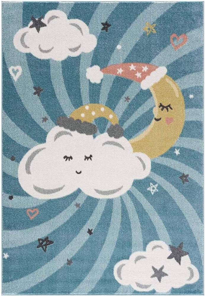 carpet city Kinderteppich Kinderzimmer Blau - 120x160 cm - Mond Wolken Sterne - Kinderzimmerteppiche Mädchen Jungen - Babyzimmer-Teppich - Spielteppich Bild 1