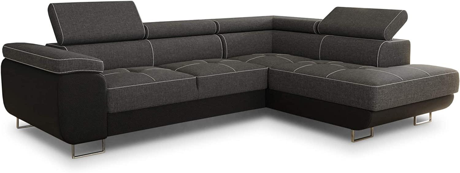 Ecksofa Caris mit Schlaffunktion und einstellbare Kopfstützen, Wohnlandschaft, Couchgarnitur, Bettkasten, Sofagarnitur, Couch, Sofa (Schwarz + Dunkelgrau (Soft 011 + Sawana 05), Ecksofa Rechts) Bild 1