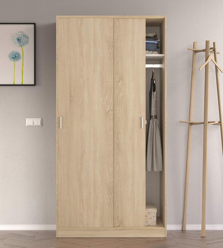 Dmora - Garderobe Lansing, Schlafzimmer Kleiderschrank mit 2 Schiebetüren, Schrank mit Regal und Kleiderbügelstange, cm 100x50h200, Eiche Bild 1