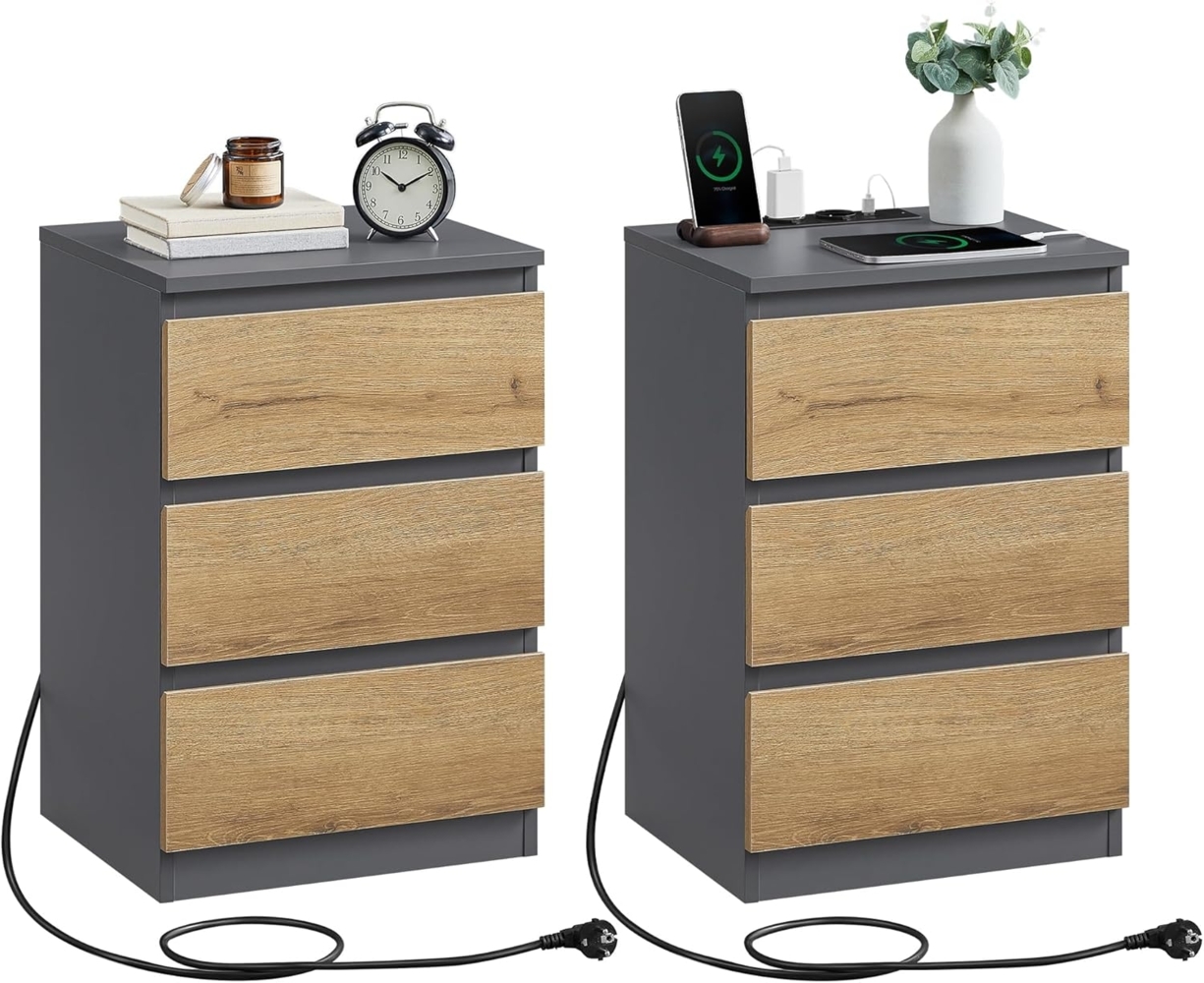 VASAGLE Nachttisch mit Steckdosenleiste, 2er Set, Beistelltisch, 3 Schubladen, 2 AC-Steckdosen, 2 USB-A-Anschlüsse, Wohnzimmer, Schlafzimmer, Arbeitszimmer, modern, schiefergrau-naturbraun LET831G01 Bild 1