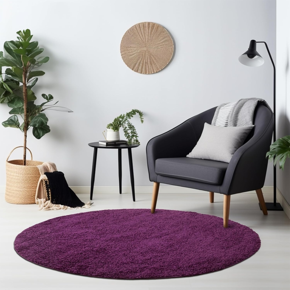 HomebyHome Teppich Rund Hochflor 120 cm Rund - Shaggy Runder Teppich Wohnzimmer Violett Extra Weich und Flauschig - Waschbarer Langflor Teppiche für Schlafzimmer, Küche, Flur - Carpet, Halı, Kilim Bild 1