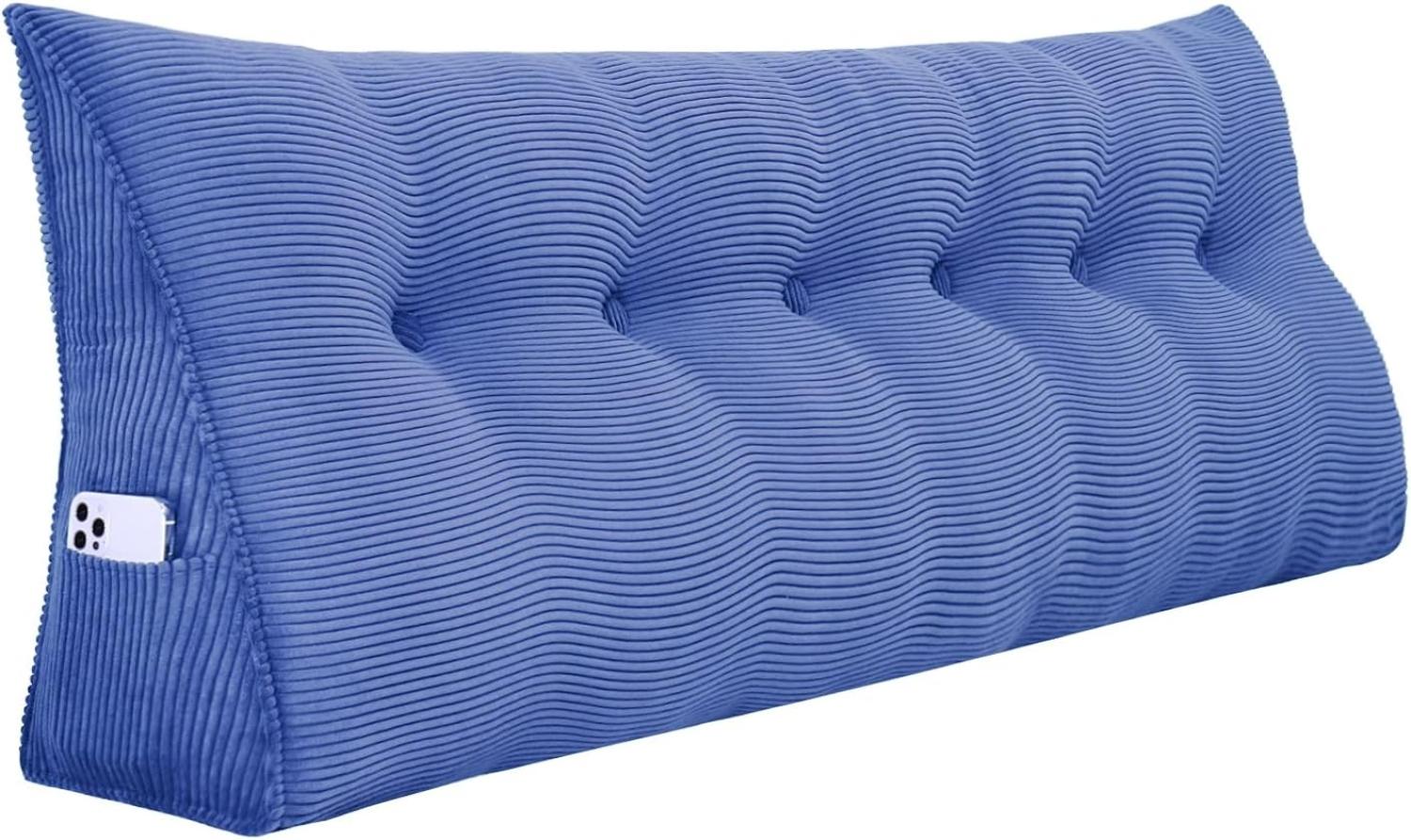 VERCART Großes Keilkissen, Langes Lesekissen, Bettruhe Rückenkissen, Dreieckiges Liegekissen, Dekoratives Kopfteilkissen für Tagesbett oder Tiefes Sofa, Cord Jeansblau, 180cm Bild 1