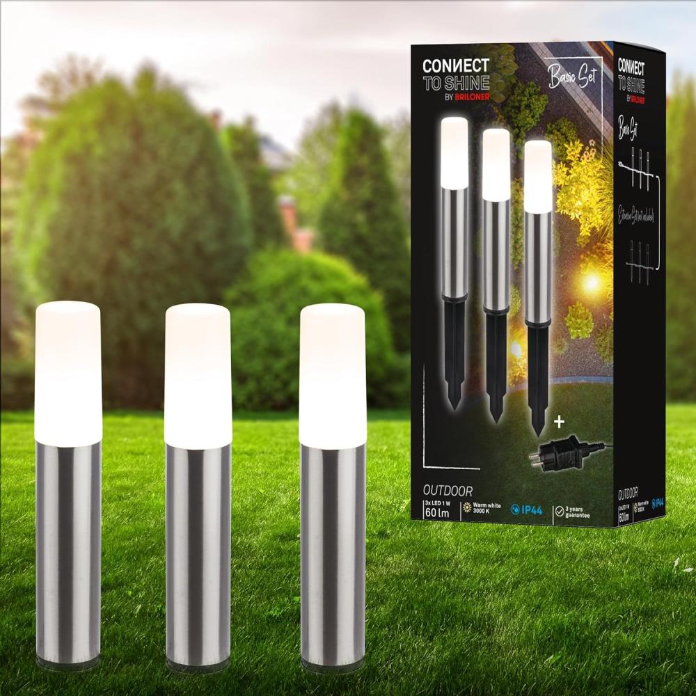 BRILONER - Connect to Shine 12V Gartensystem 3er Set LED Pollerleuchte mit Erdspieß, Erweiterungsset, IP44, warmweißes Licht, Gartenbeleuchtung, Wegeleuchten, 36,5x4 cm, Silberfarbig Bild 1