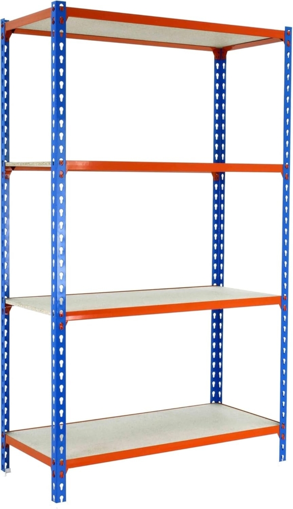 Simonrack Schwerlastregal, Lagerregal, 150 x 110 x 30 cm, Metallregal, Kellerregal, Biegestelle 200 kg, 4 Holzfachböden, Blau/Orange/Holz - Maderclick Bild 1