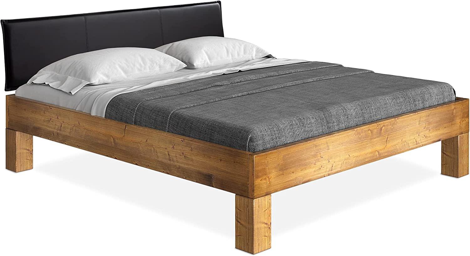 Möbel-Eins CURBY 4-Fuß-Bett mit Polster-Kopfteil, Material Massivholz, rustikale Altholzoptik, Fichte vintage 200 x 220 cm Standardhöhe Kunstleder Schwarz ohne Steppung Bild 1