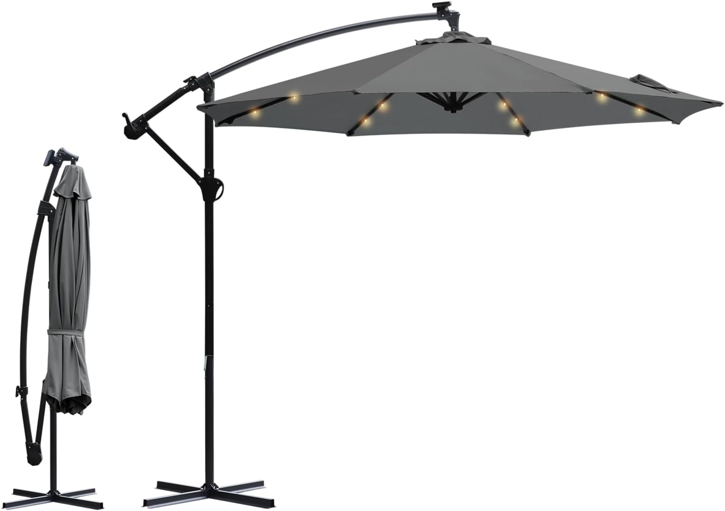 Sekey Ampelschirm mit LED-Beleuchtung, Kreuzständer & Kurbel, UV50+, Aluminium grau, Ø 300 cm Bild 1