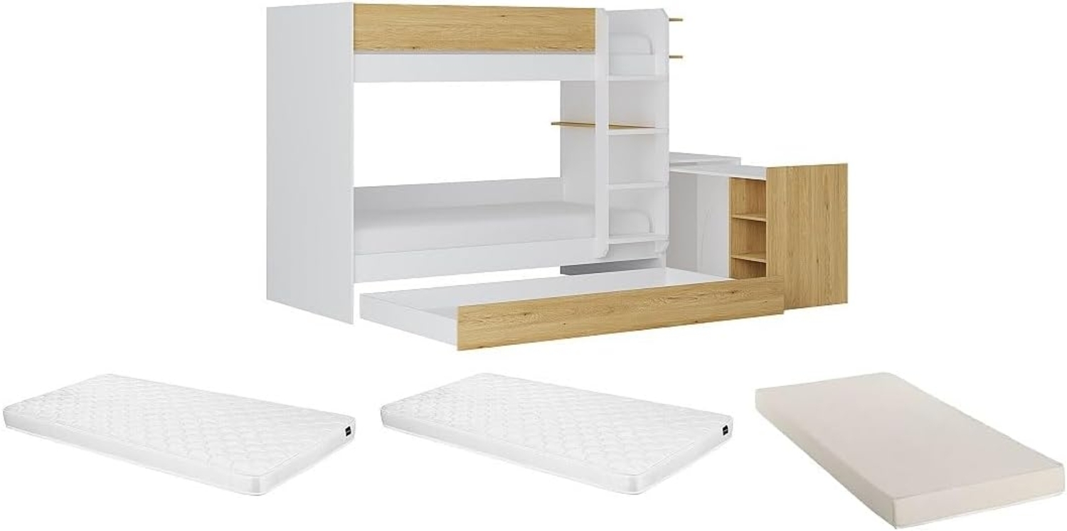 Vente-unique - Etagenbett mit zusätzlichem Ausziehbett & 2 Schreibtischen + Matratzen - 3 x 90 x 190 cm - Weiß & Holzfarben - DOMATI Bild 1