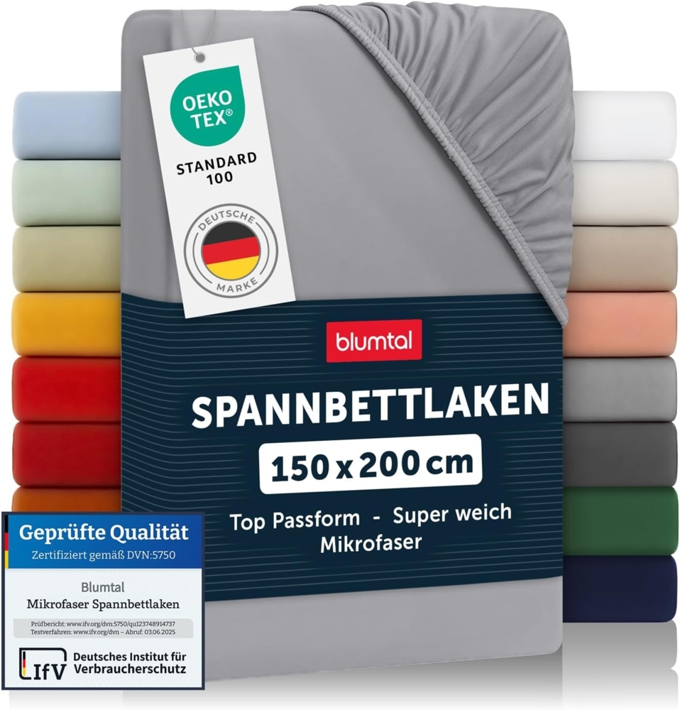 Blumtal® Spannbettlaken 150x200 cm - Bettlaken 150x200 aus Microfaser - Oekotex zertifiziertes Spannbetttuch 150x200 cm / 150x200 Spannbettlaken - Leintuch 150x200 cm - Bettspanntuch 150x200 - Grau Bild 1